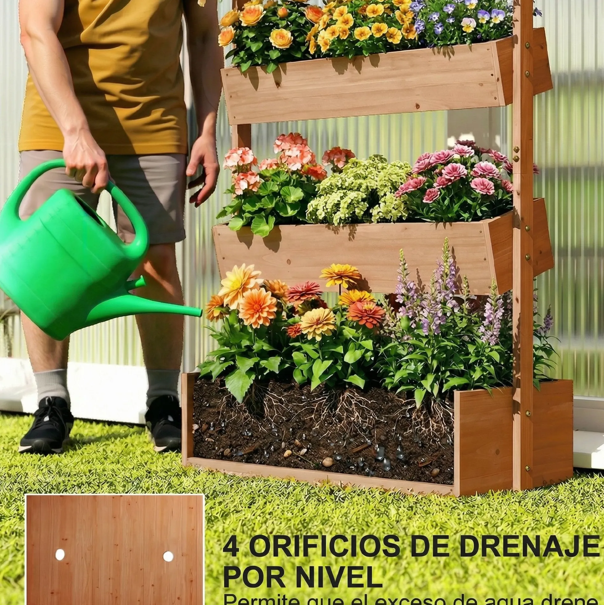 Outsunny Jardinera De Madera De 4 Niveles Con Orificios De Drenaje Marrón