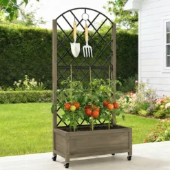 Outsunny Jardinera De Madera Con Enrejado Metálico Y Ruedas Carbonizado