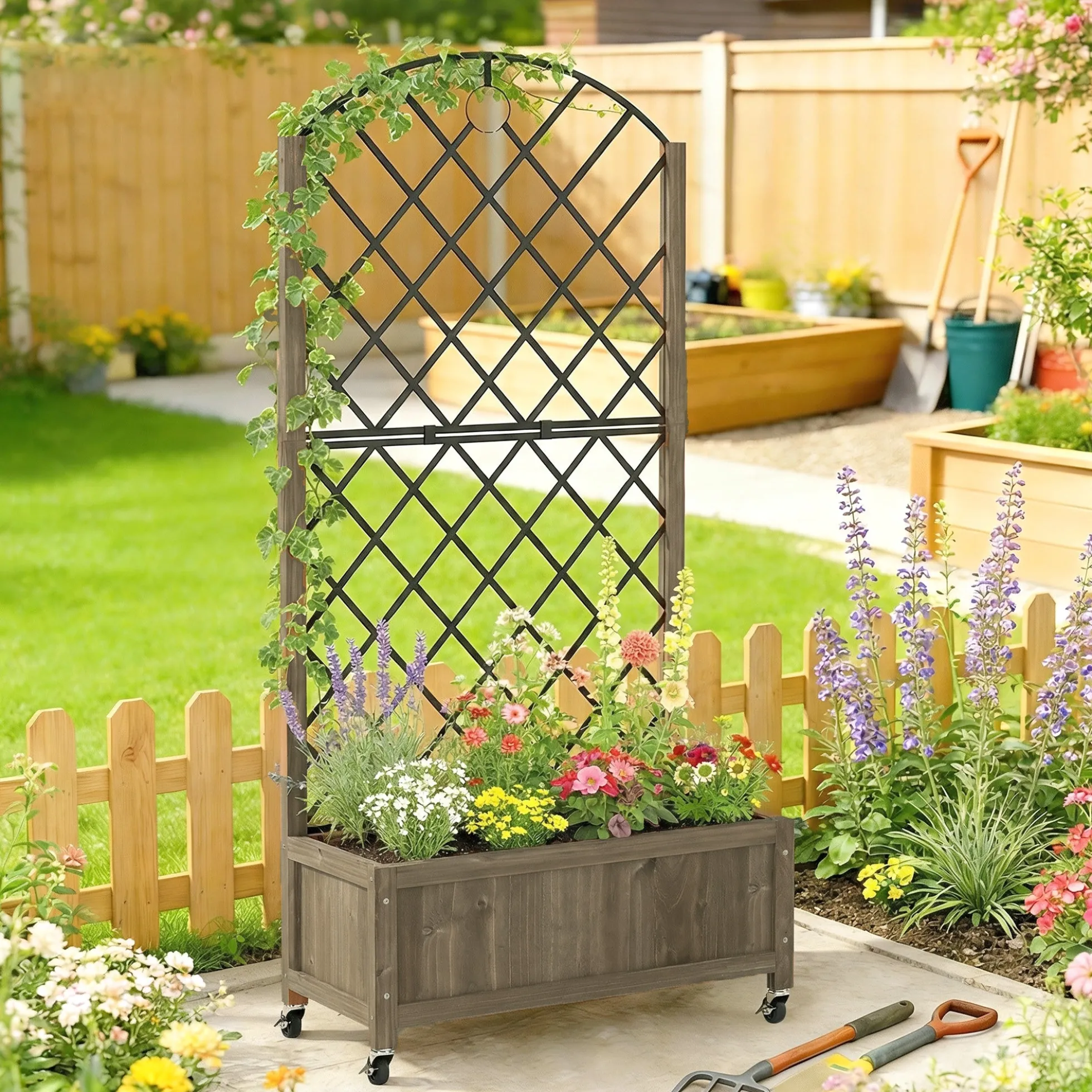 Outsunny Jardinera De Madera Con Enrejado Metálico Y Ruedas Carbonizado