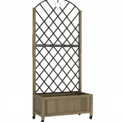 Outsunny Jardinera De Madera Con Enrejado Metálico Y Ruedas Carbonizado