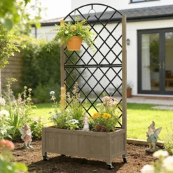 Outsunny Jardinera De Madera Con Enrejado Metálico Y Ruedas Carbonizado