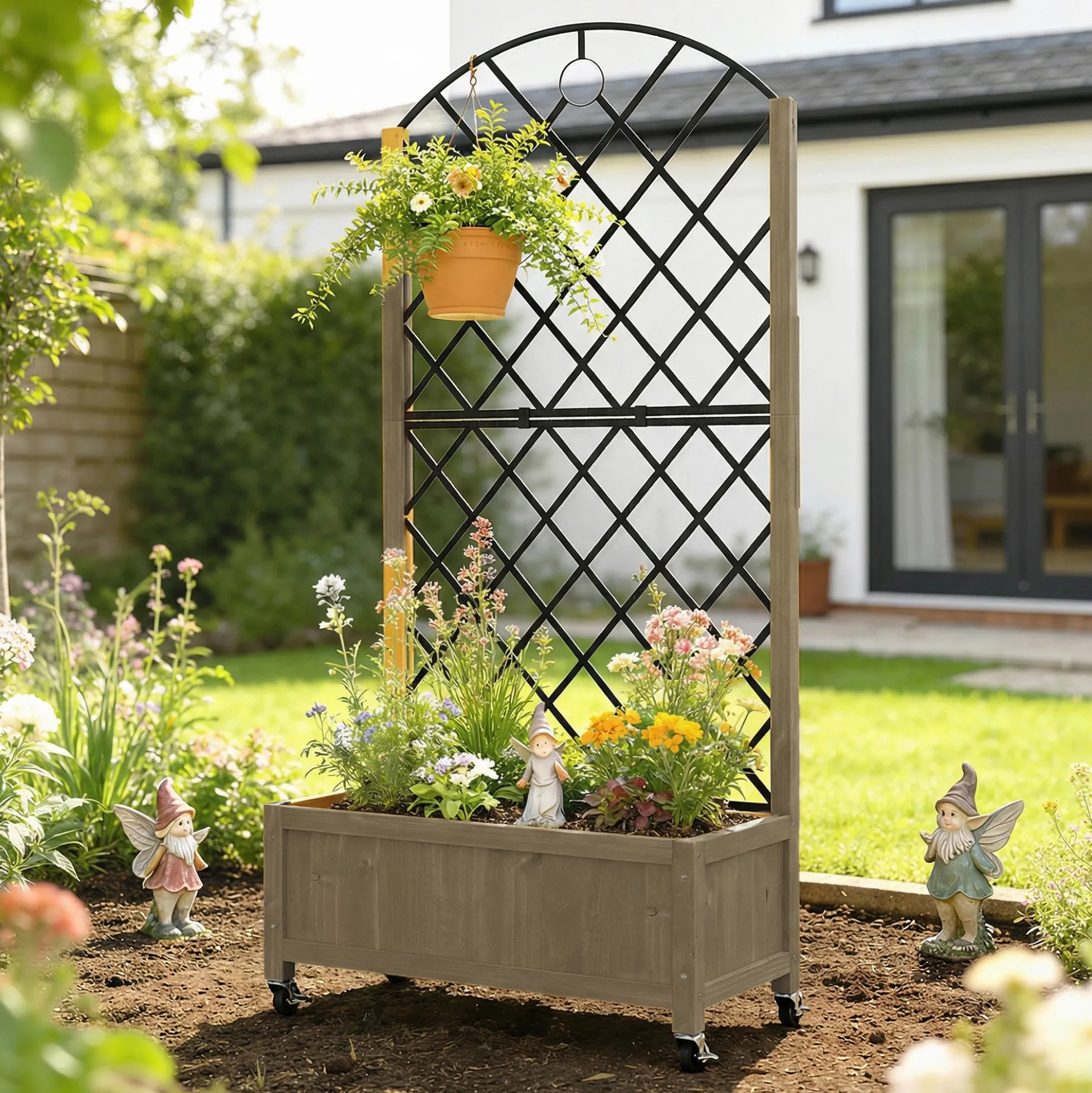 Outsunny Jardinera De Madera Con Enrejado Metálico Y Ruedas Carbonizado
