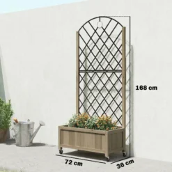 Outsunny Jardinera De Madera Con Enrejado Metálico Y Ruedas Carbonizado