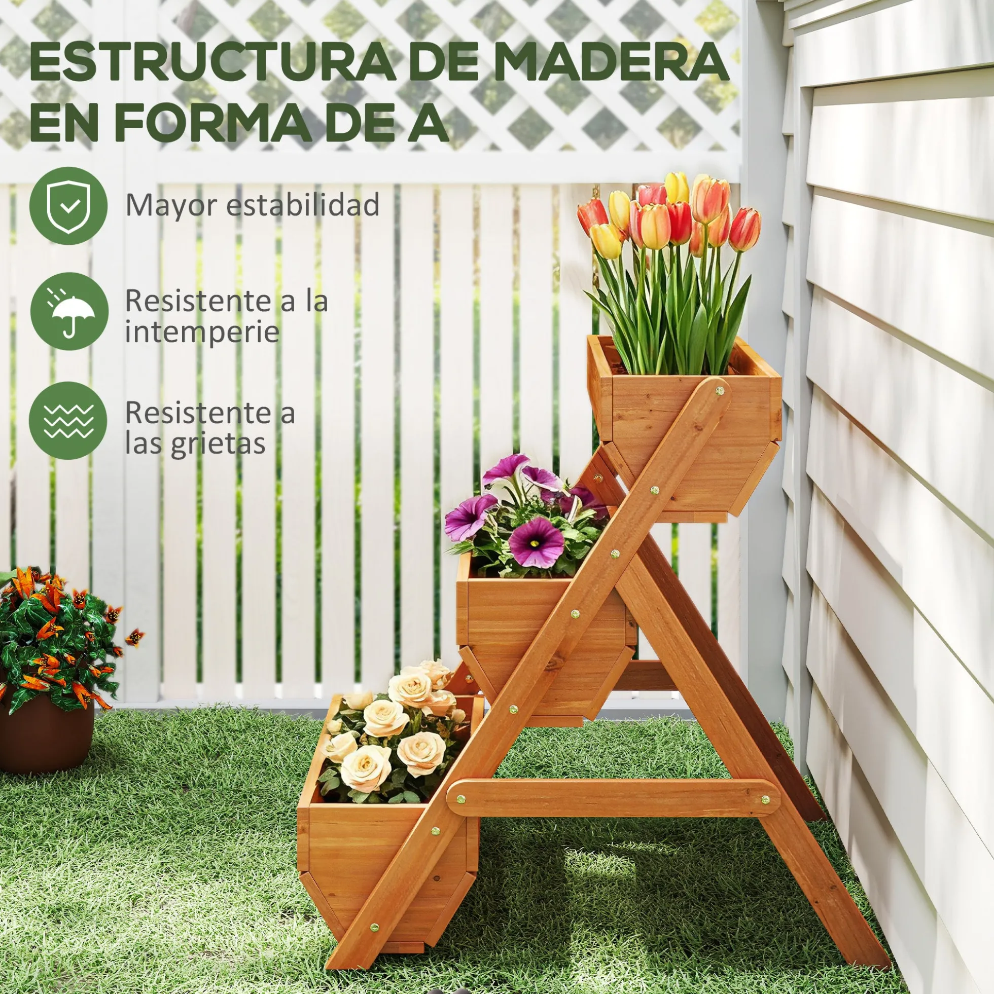 Outsunny Jardinera De Madera De 3 Niveles Con Orificios De Drenaje Marrón