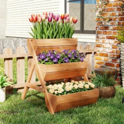 Outsunny Jardinera De Madera De 3 Niveles Con Orificios De Drenaje Marrón
