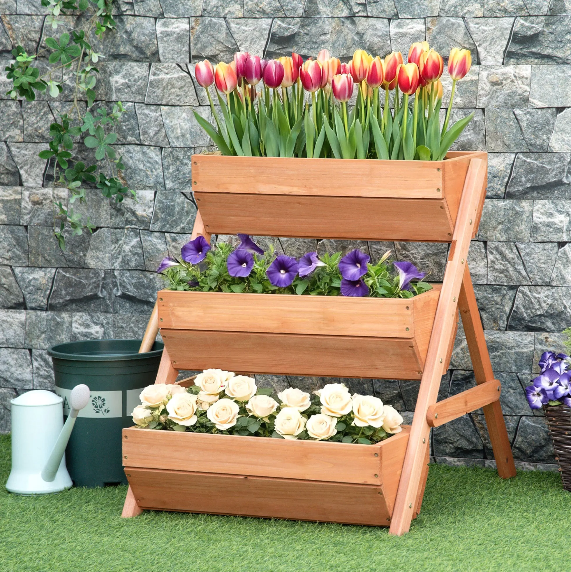 Outsunny Jardinera De Madera De 3 Niveles Con Orificios De Drenaje Marrón