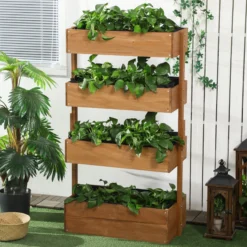 Outsunny Jardinera De Madera De 4 Niveles Con Orificios De Drenaje Naranja