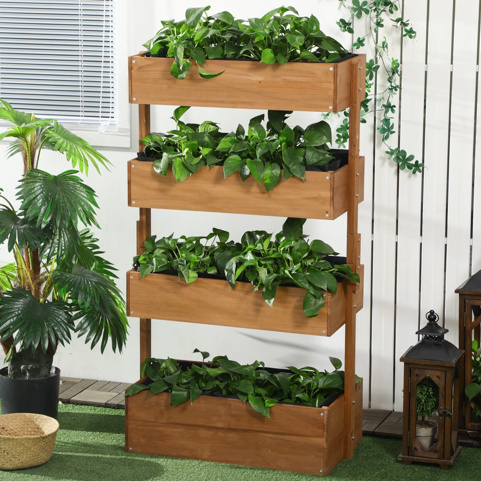 Outsunny Jardinera De Madera De 4 Niveles Con Orificios De Drenaje Naranja