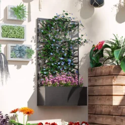 Outsunny Jardinera Exterior Grande De Metal Con Pantalla De Privacidad Negro