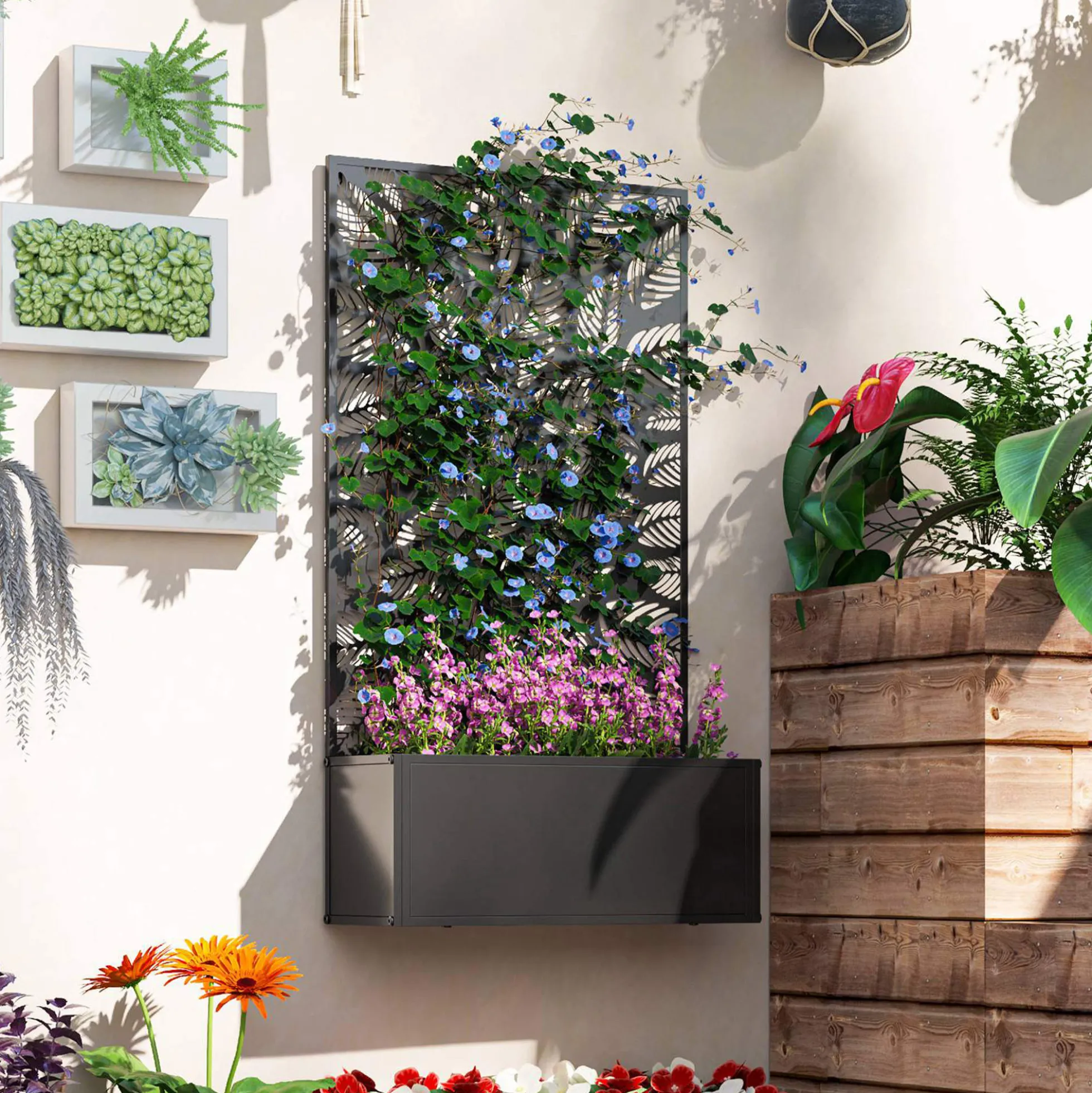 Outsunny Jardinera Exterior Grande De Metal Con Pantalla De Privacidad Negro