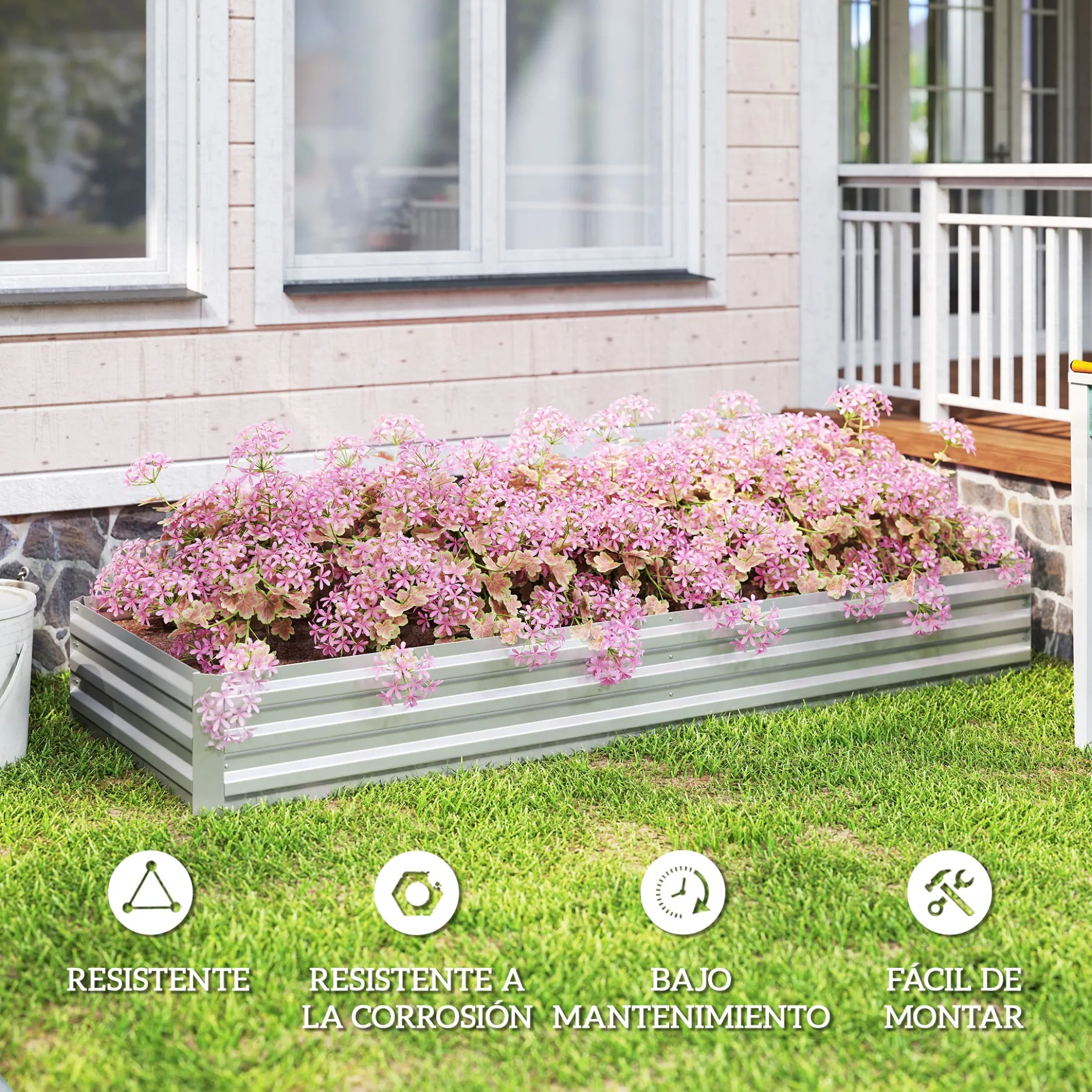 Outsunny Jardinera Exterior Grande De Acero Galvanizado Con Base Abierta Plata