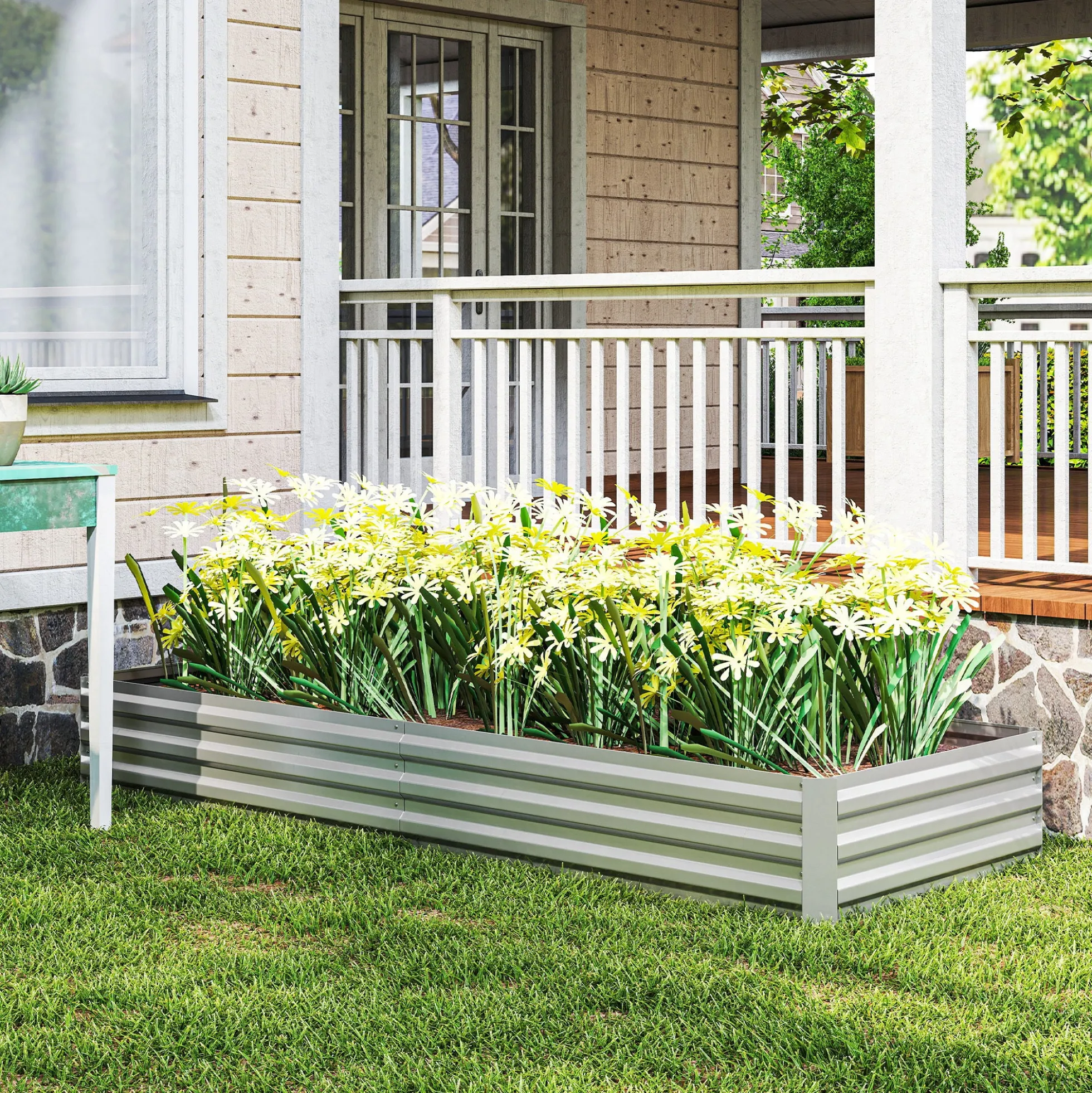 Outsunny Jardinera Exterior Grande De Acero Galvanizado Con Base Abierta Plata