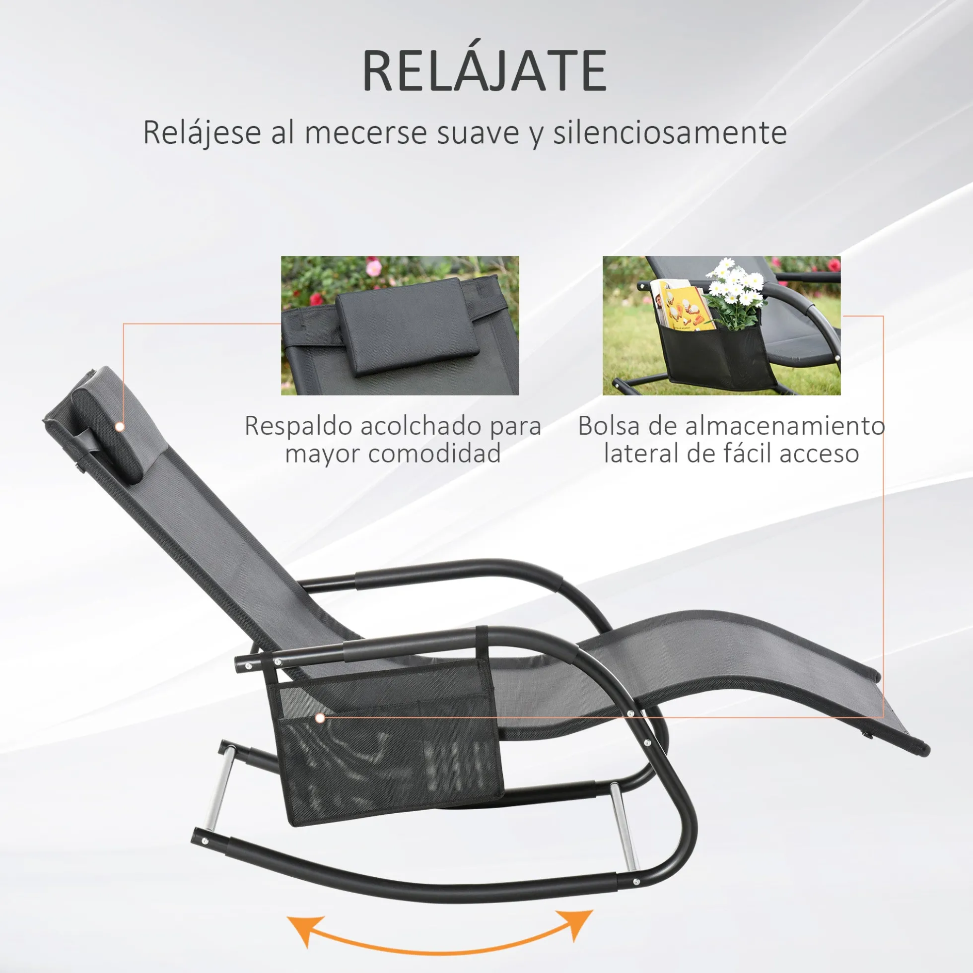 Outsunny Mecedora De Exterior Con Reposabrazos Y Bolsillo Lateral Negro
