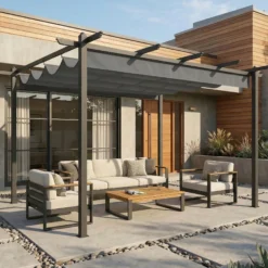 Outsunny Pérgola De Jardín 4x3 M Con Techo Retráctil Y Marco De Aluminio Gris
