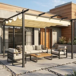 Outsunny Pérgola De Jardín 4x3 M Con Techo Retráctil Y Marco De Aluminio Crema
