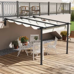 Outsunny Pérgola De Pared 3x3 M Con Techo Retráctil De Poliéster Crema Y Gris