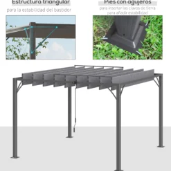 Outsunny Pérgola 3x3 M Con Diseño De Lamas Superior Giratorio Hasta 135° Gris