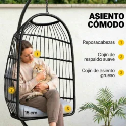 Outsunny Silla Colgante Huevo Con Soporte Cesta Plegable Cojín Altura Ajustable