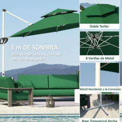 Outsunny Sombrilla De Jardín Ø292 Cm Con Manivela Inclinación Ajustable Verde
