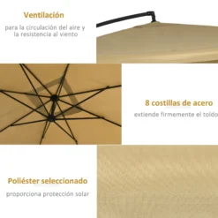 Outsunny Sombrilla De Jardín 296x296x265 Cm Inclinable Con Manivela Base Cruzada
