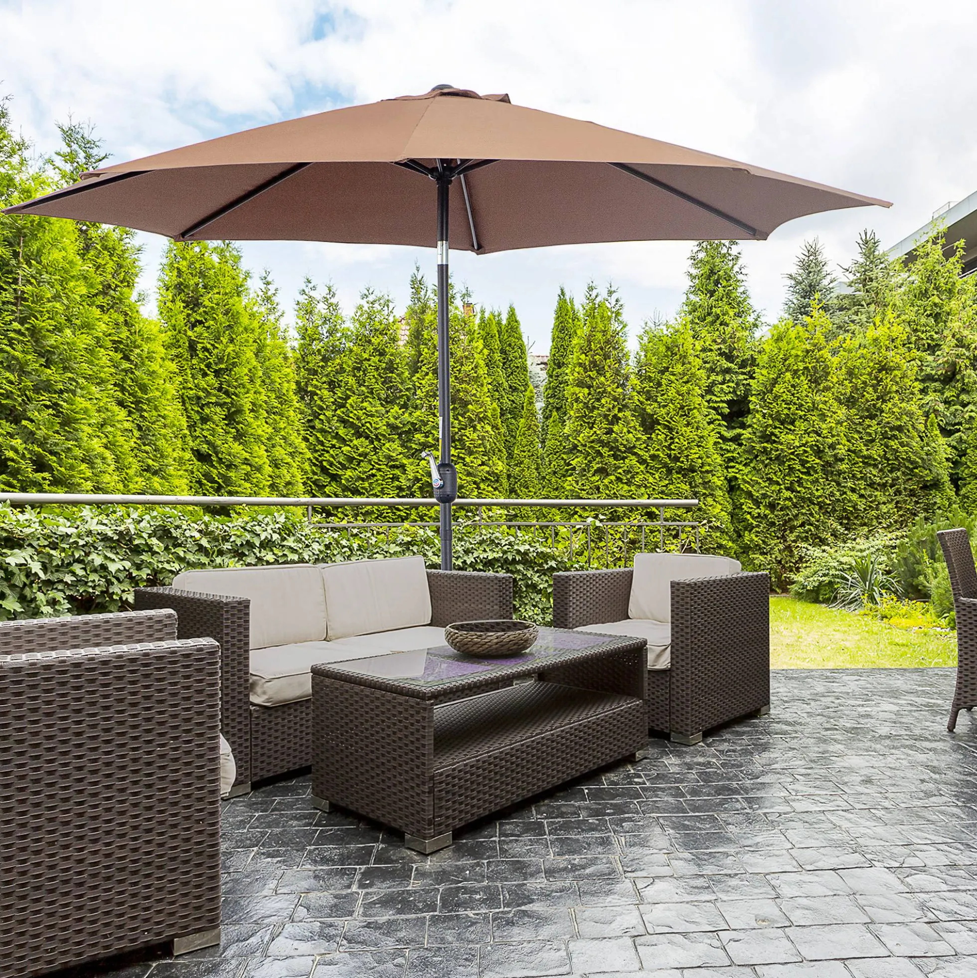 Outsunny Sombrilla De Jardín Ø295x250 Cm Con Manivela E Inclinación Café
