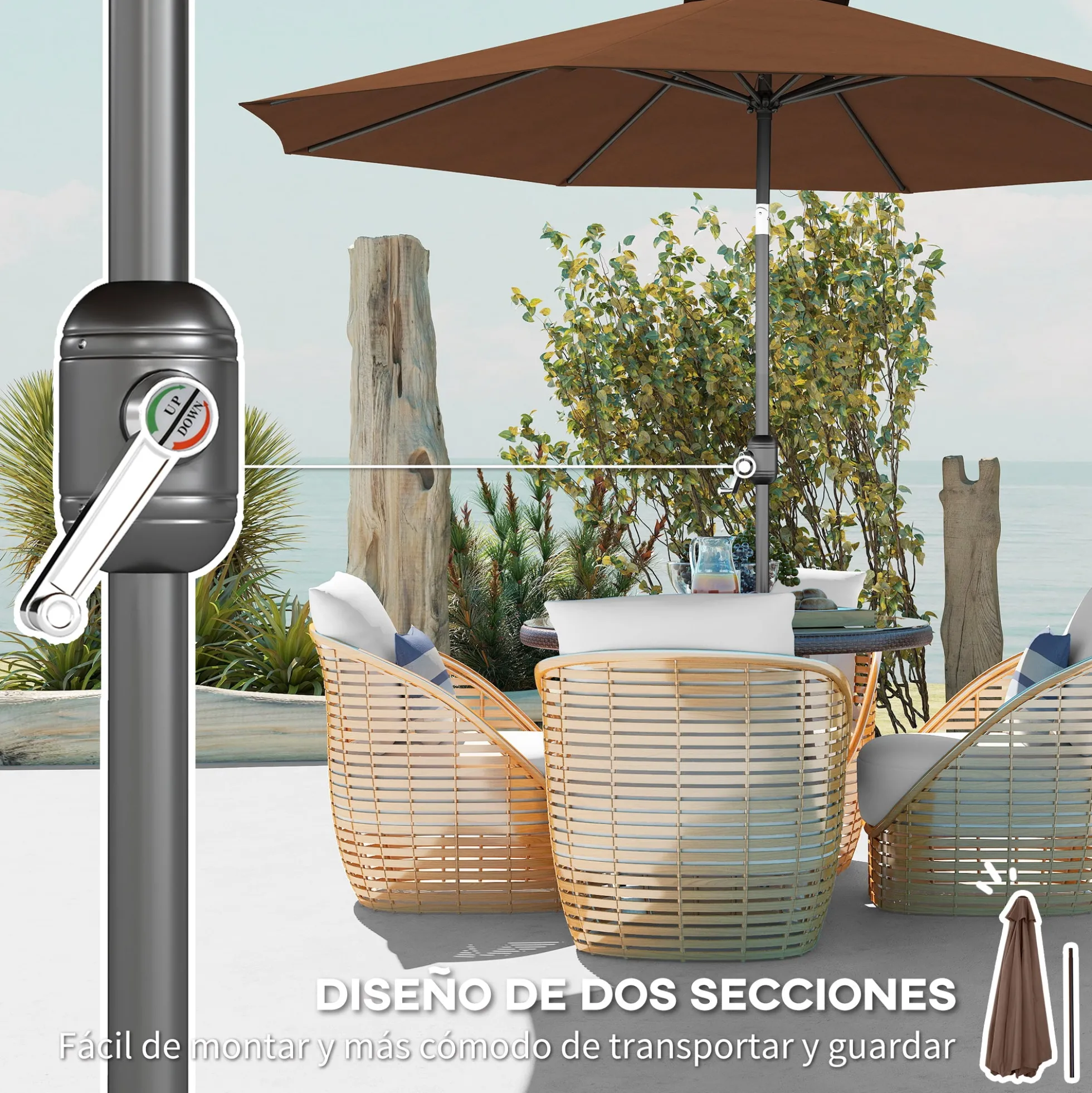 Outsunny Sombrilla De Jardín Ø295x250 Cm Con Manivela E Inclinación Café