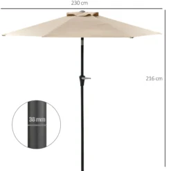 Outsunny Sombrilla De Jardín Ø230x216 Cm Con Techo Basculante Impermeable Caqui