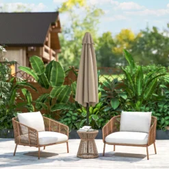 Outsunny Sombrilla De Jardín Ø230x216 Cm Con Techo Basculante Impermeable Caqui