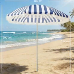 Outsunny Sombrilla De Playa Con Flecos Ø180 Cm Altura Ajustable, Inclinación 30°