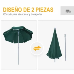 Outsunny Sombrilla De Playa Diámetro Ø202 Cm Con Techo Inclinable Poste