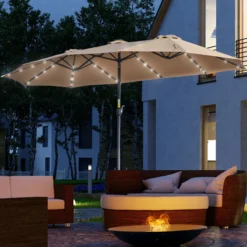Outsunny Sombrilla Doble De Jardín Con 48 Luces Led Solar 450x265x240 Cm Caqui