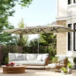 Outsunny Sombrilla Doble 4,5x2,6 M Con Manivela Impermeable Crema