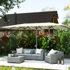 Outsunny Sombrilla Doble 4,5x2,6 M Con Manivela Impermeable Crema