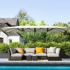 Outsunny Sombrilla Doble 4,5x2,6 M Con Manivela Impermeable Crema