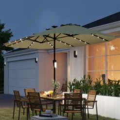 Outsunny Sombrilla Doble 4x2 M Con 36 Luces Led Manivela Upf50+ Beige