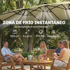 Outsunny Sombrilla Doble 4x2 M Con 36 Luces Led Manivela Upf50+ Beige