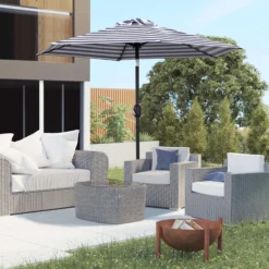 Outsunny Sombrilla Terraza Exterior Ø230 Cm Con Ángulo Ajustable Azul Y Blanco