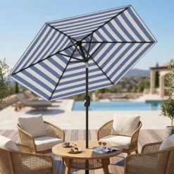 Outsunny Sombrilla Terraza Exterior Ø230 Cm Con Ángulo Ajustable Azul Y Blanco
