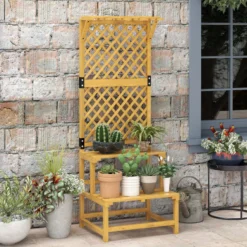 Outsunny Soporte Para Plantas De Madera De 2 Niveles Con Enrejado Natural