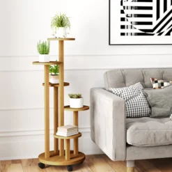 Outsunny Soporte Para Plantas De Bambú Con Ruedas 5 Niveles 33x33x90 Cm Natural