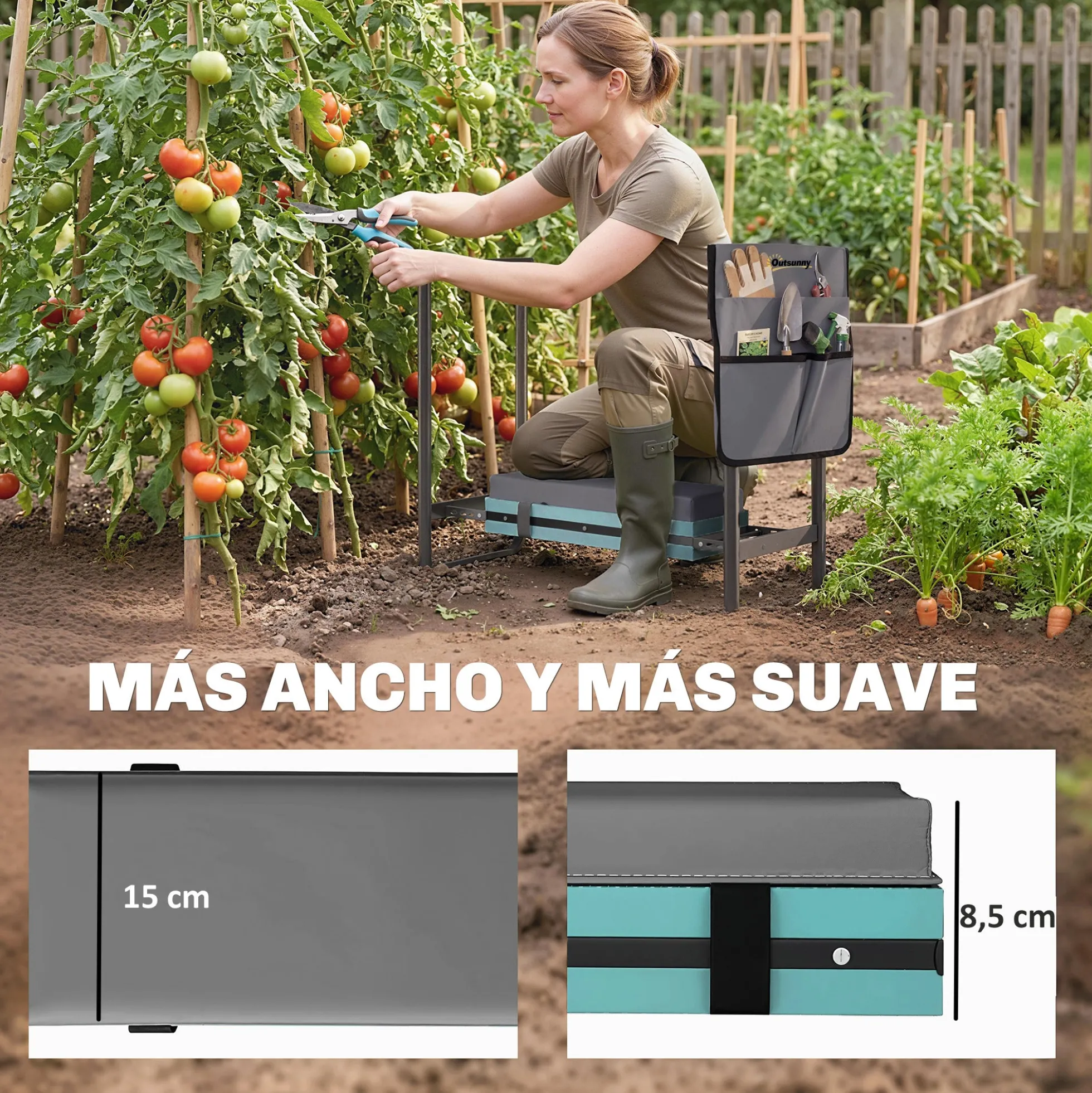Outsunny Taburete De Jardín Plegable Con Bolsa Para Herramientas Gris Oscuro