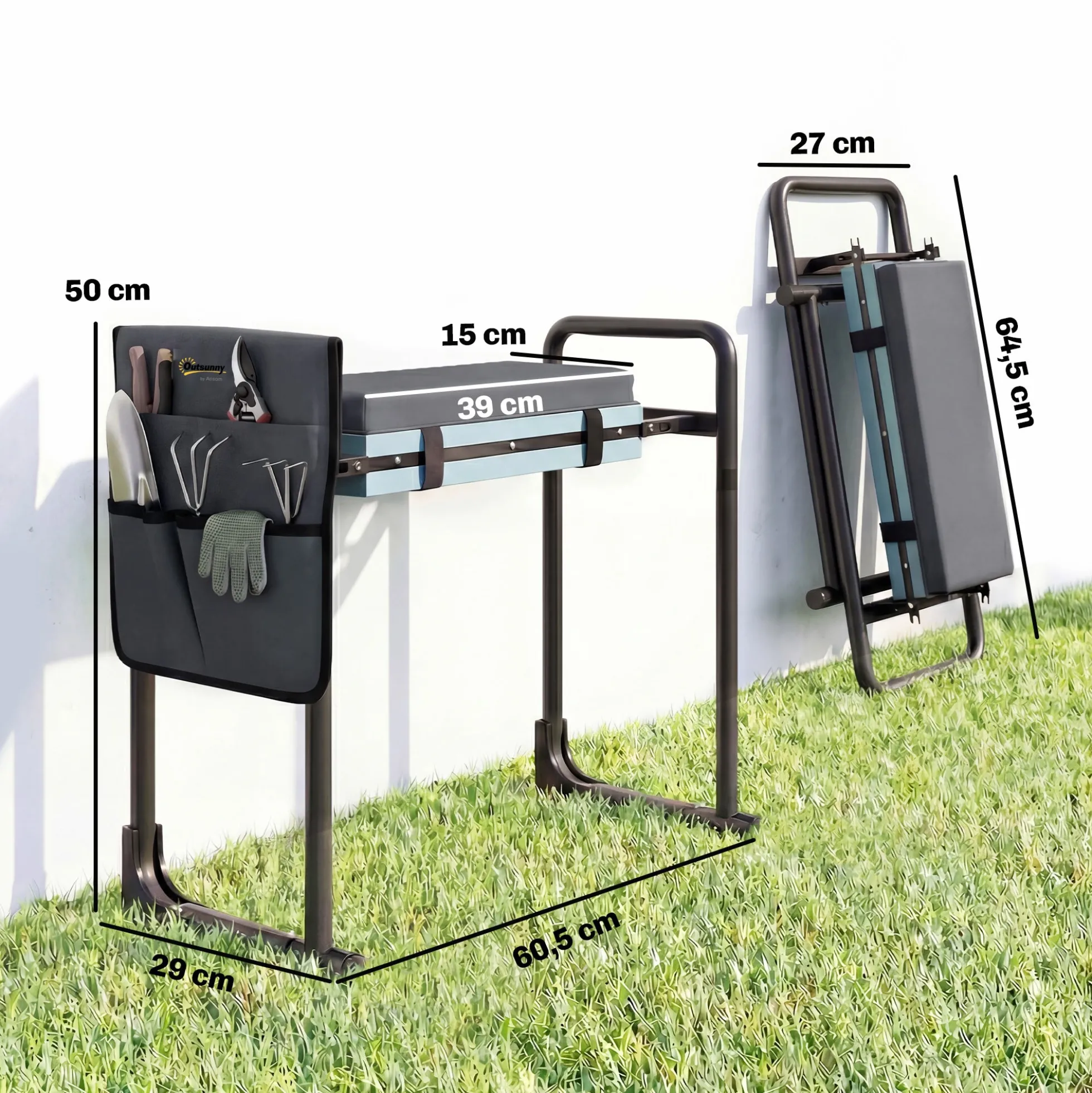 Outsunny Taburete De Jardín Plegable Con Bolsa Para Herramientas Gris Oscuro