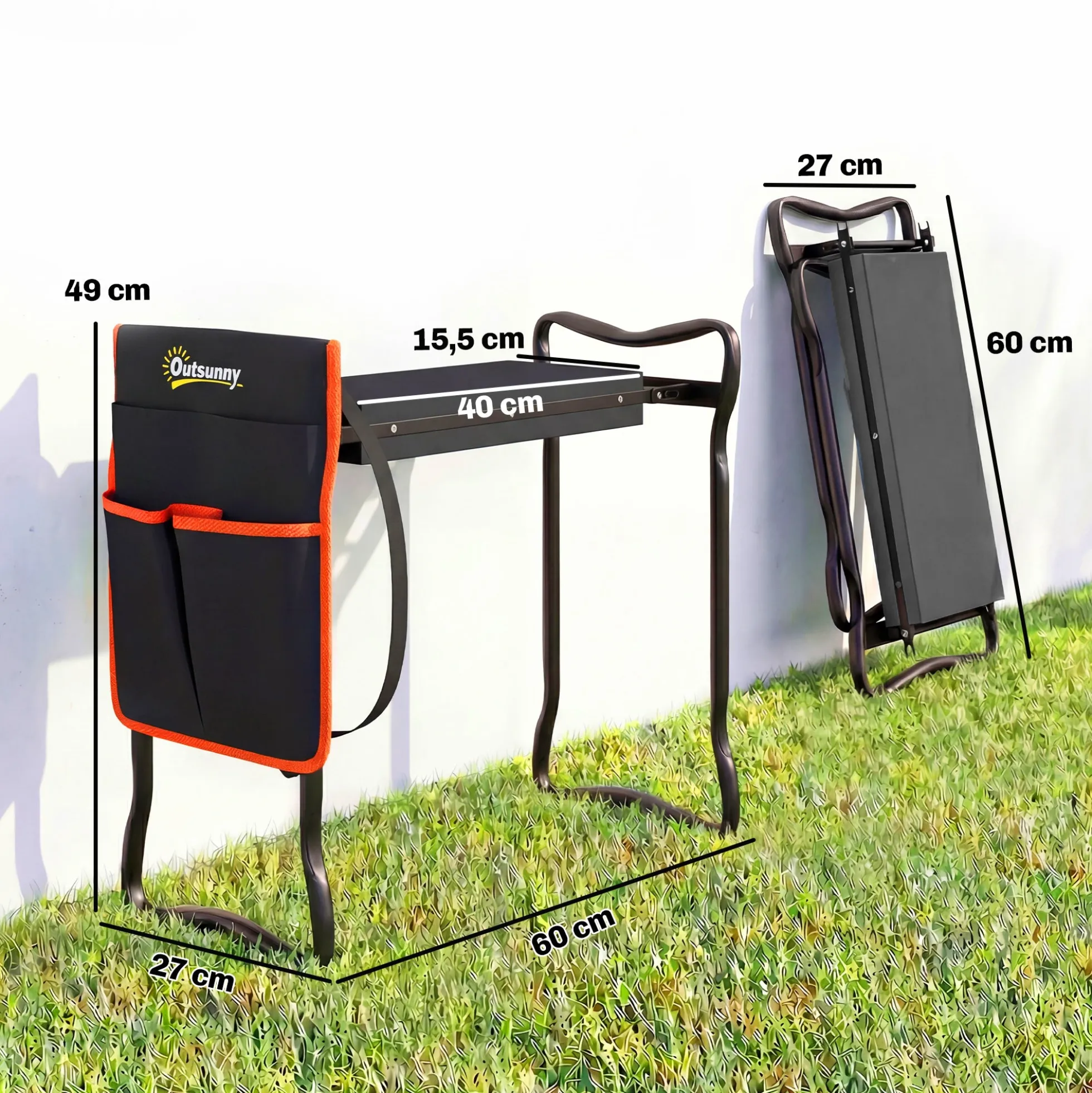 Outsunny Taburete De Jardín Plegable Con Bolsa De Herramientas Carga 150kg Negro