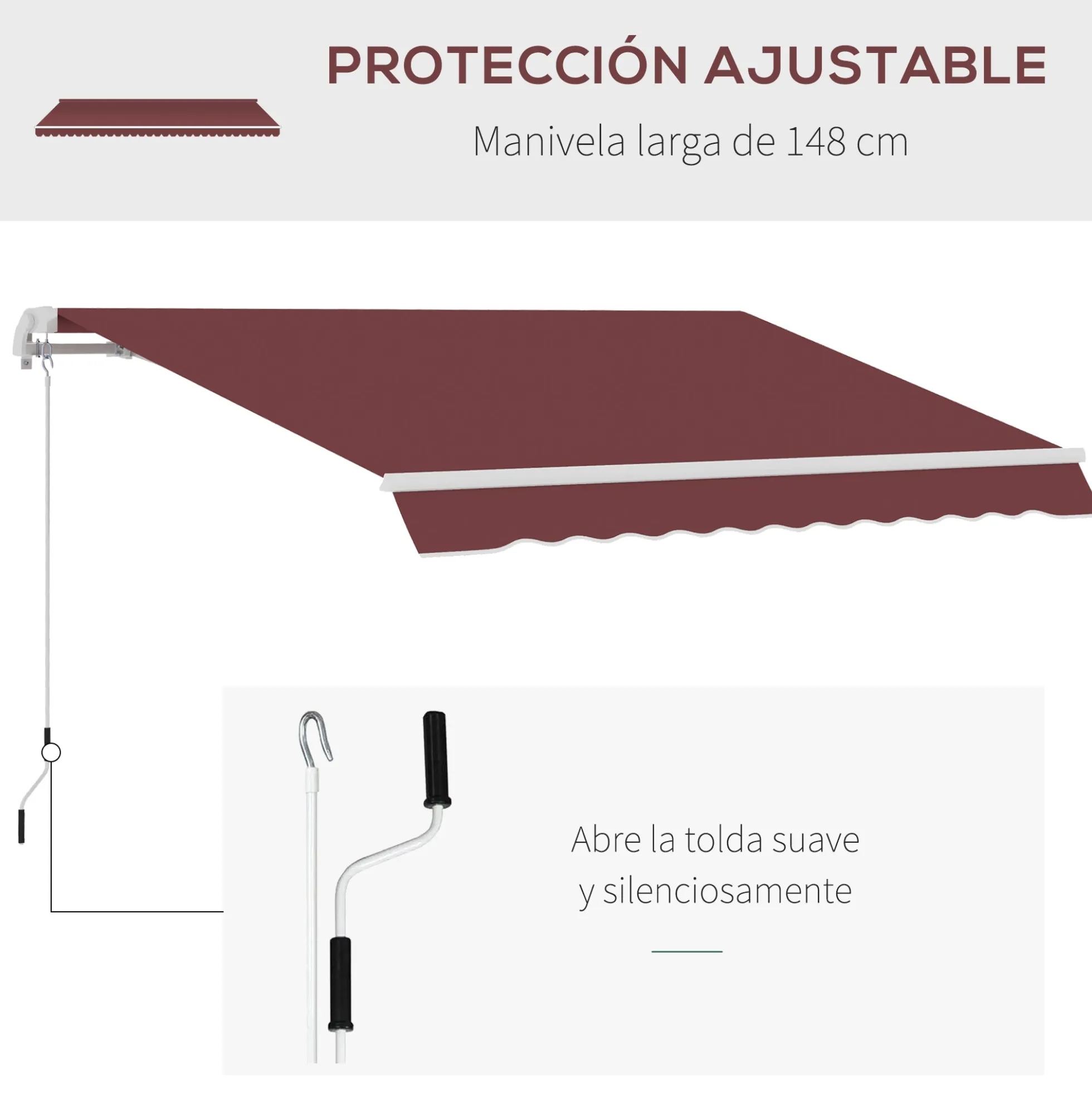 Outsunny Toldo Manual Retráctil 3,5x2,5 M Con Ángulo Ajustable Manivela Rojo