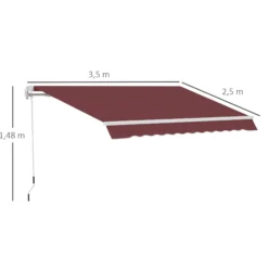 Outsunny Toldo Manual Retráctil 3,5x2,5 M Con Ángulo Ajustable Manivela Rojo