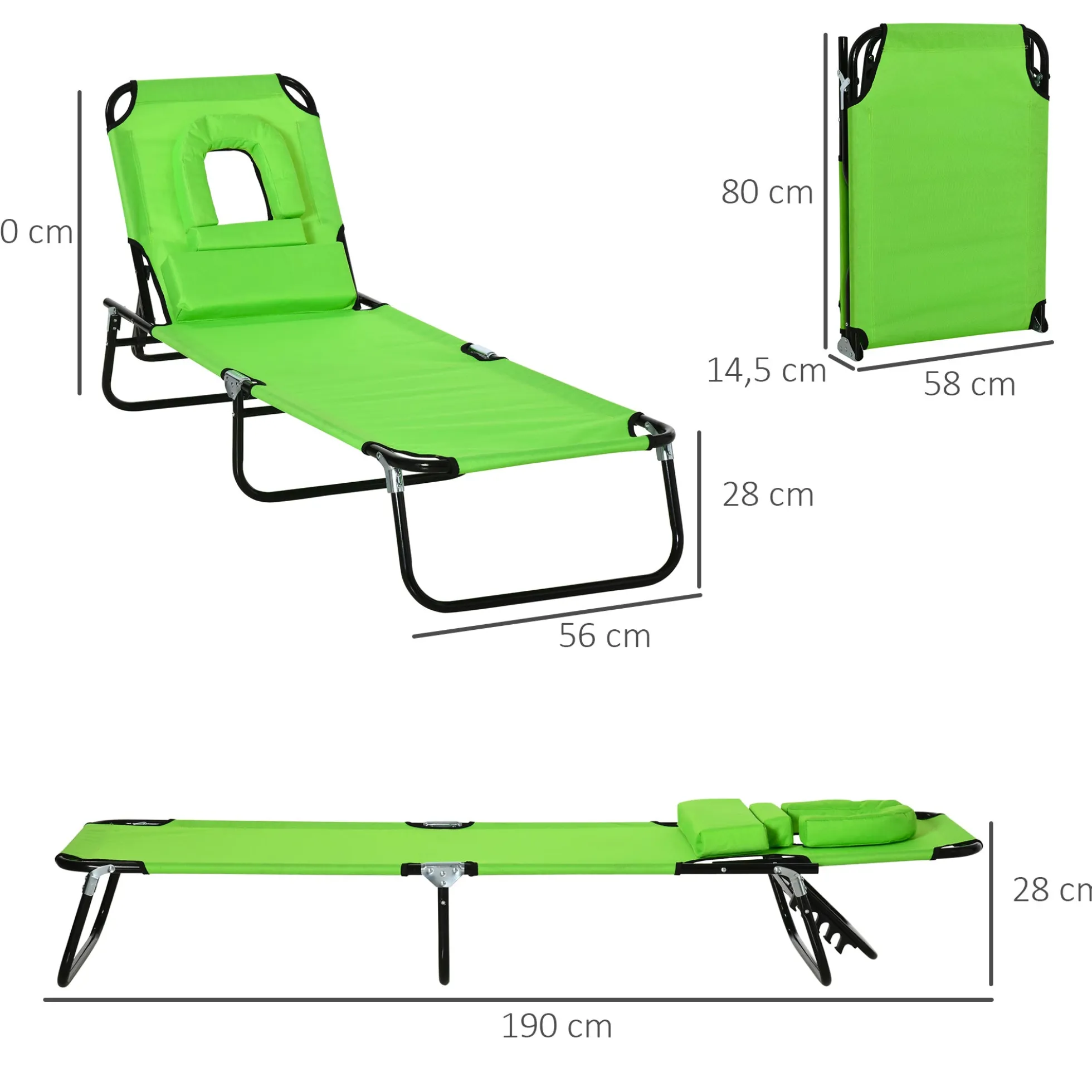 Outsunny Tumbona Plegable De Jardín Con Respaldo Ajustable Almohada Acero Verde