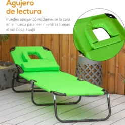 Outsunny Tumbona Plegable De Jardín Con Respaldo Ajustable Almohada Acero Verde