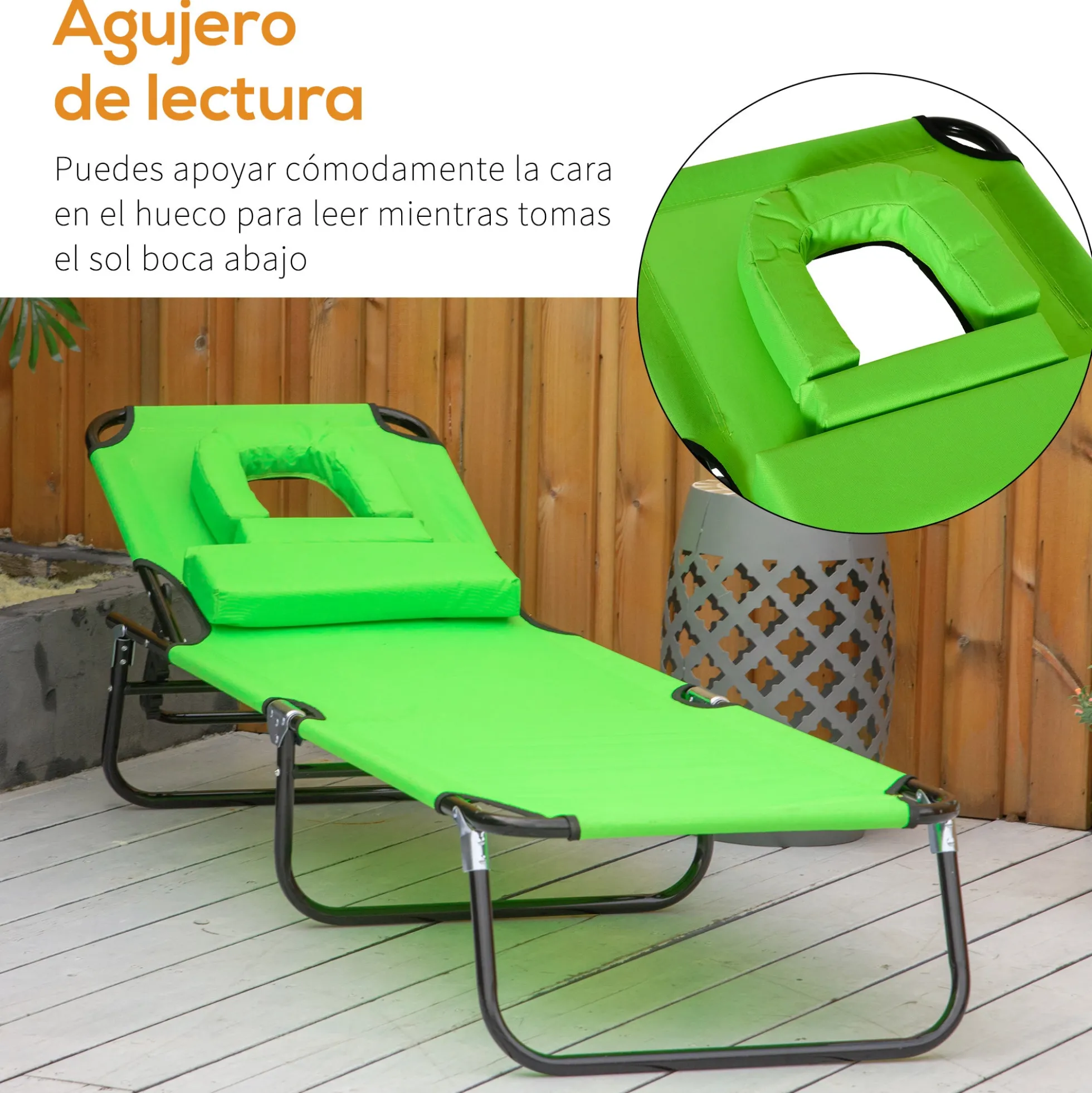 Outsunny Tumbona Plegable De Jardín Con Respaldo Ajustable Almohada Acero Verde