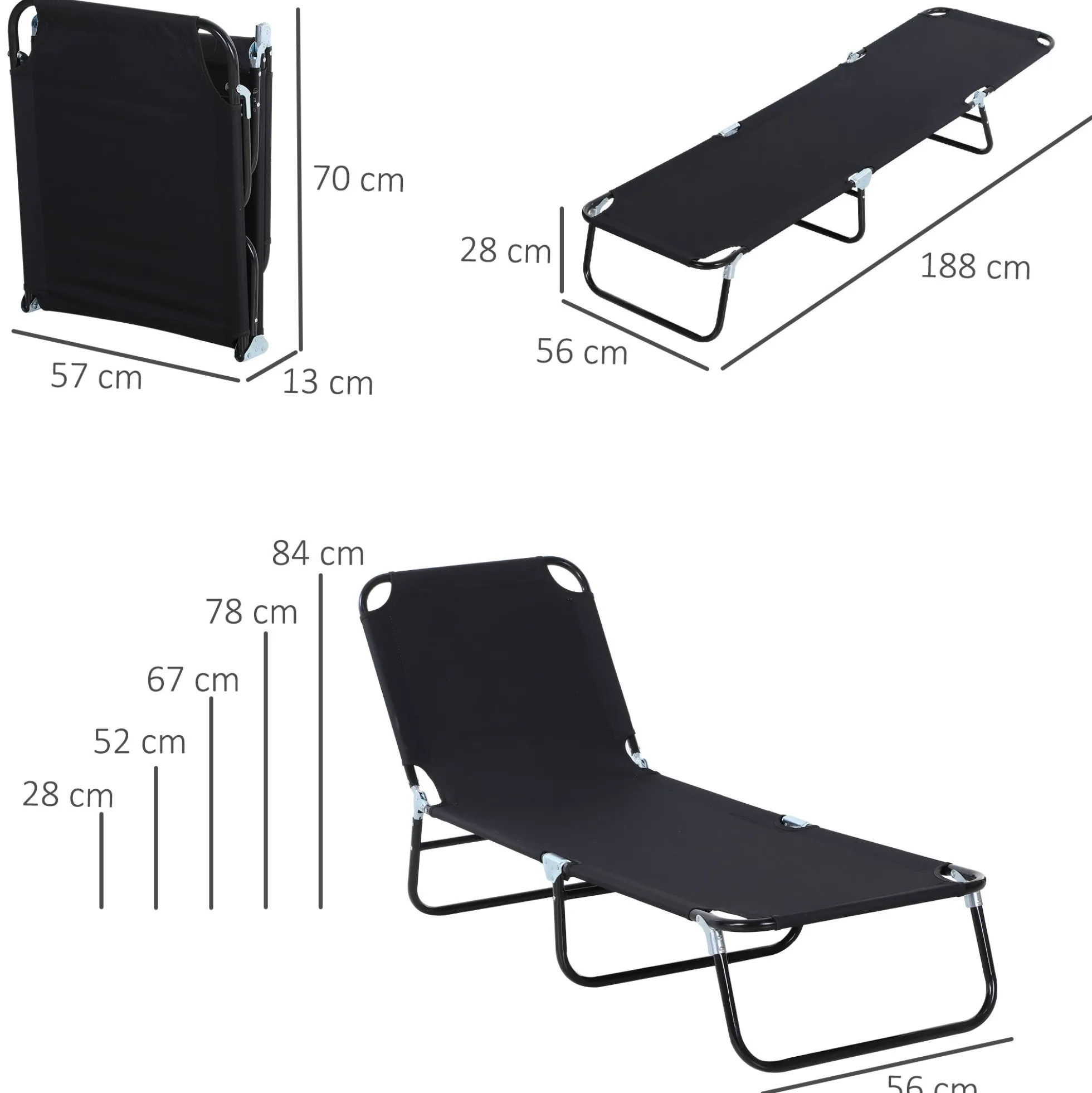 Outsunny Tumbona Plegable Reclinable Ajustable De 5 Posiciones 188x56x28cm Negro