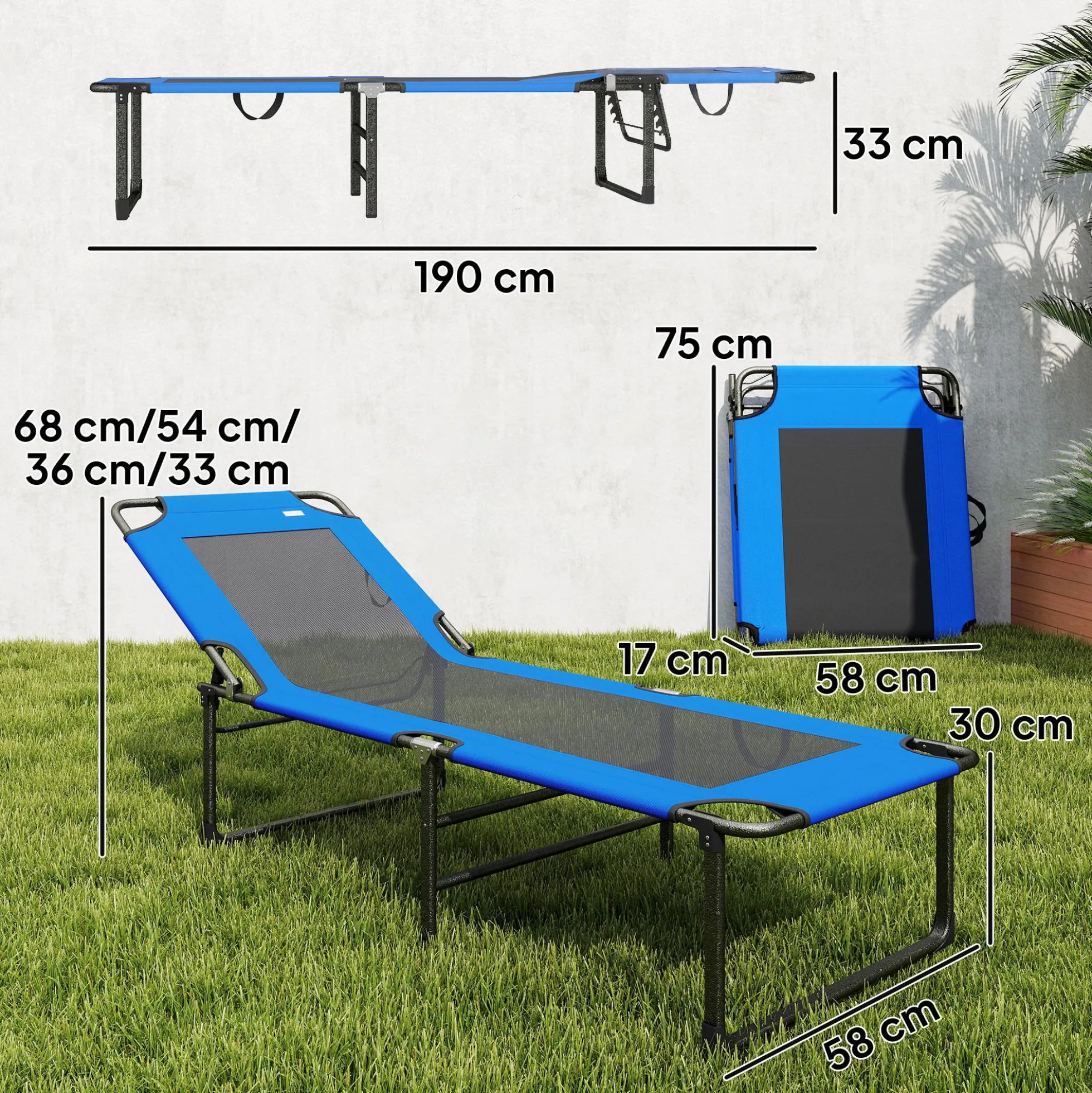 Outsunny Tumbona Plegable Respaldo Ajustable En 4 Niveles 175x58x68 Cm Azul